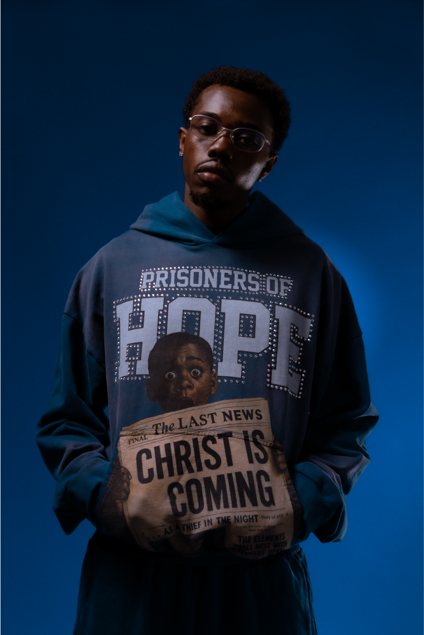 “THE LAST NEWS” ROYAL BLUE RHINESTONE HOODIE