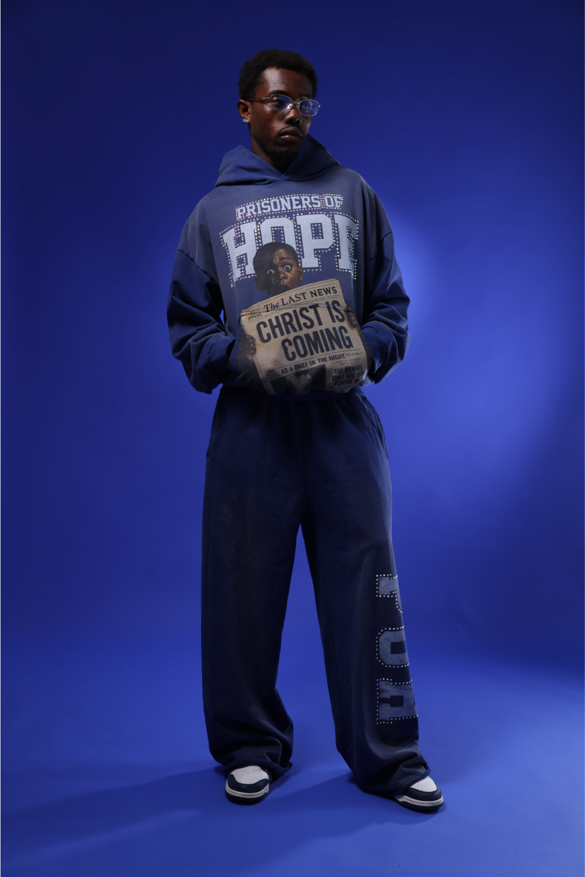 “THE LAST NEWS” ROYAL BLUE RHINESTONE HOODIE
